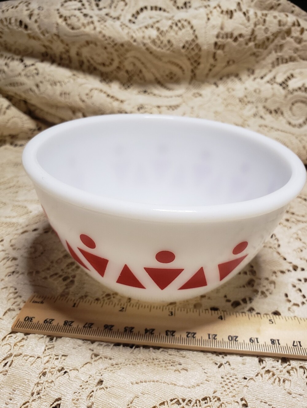Hazel Atlas White Glass Mixing Bowl with Red Geometric Pattern